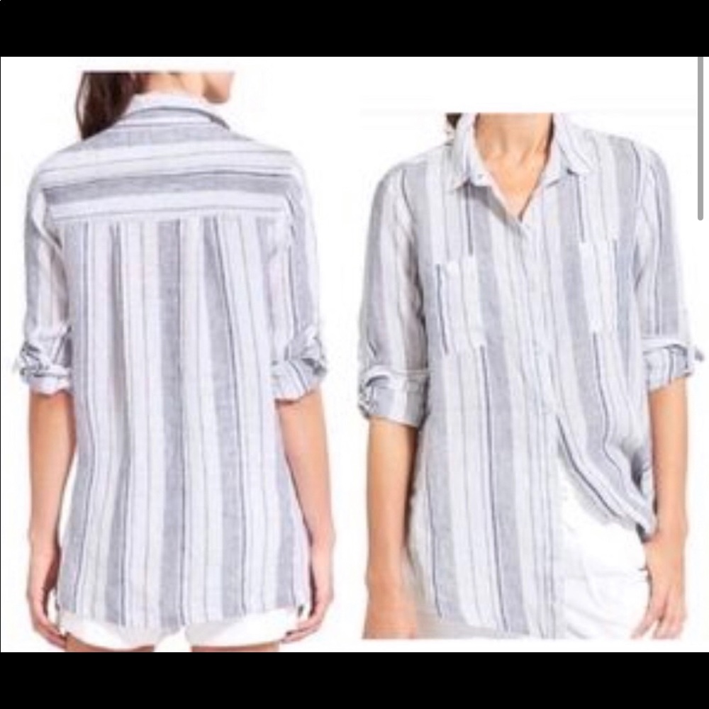 Athleta Striped Linen Peninsula Button Down Shirt Sz.XS